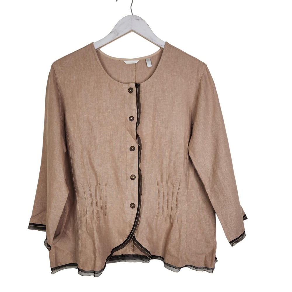 KLEEN Jacket Womens Medium Beige 100% Linen Button Front 3/4 Sleeve‎ Top Blouse